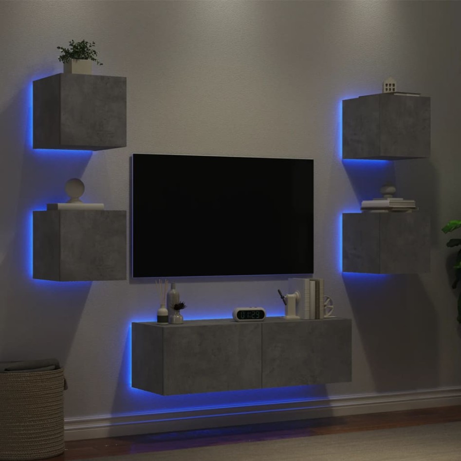 Muebles de TV de pared con luces LED 5 piezas gris