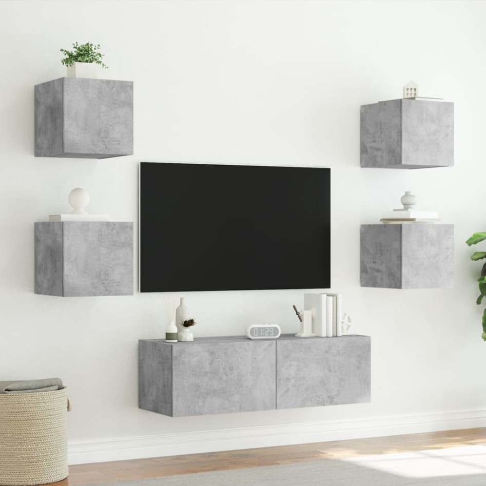 Muebles de TV de pared con luces LED 5 piezas gris