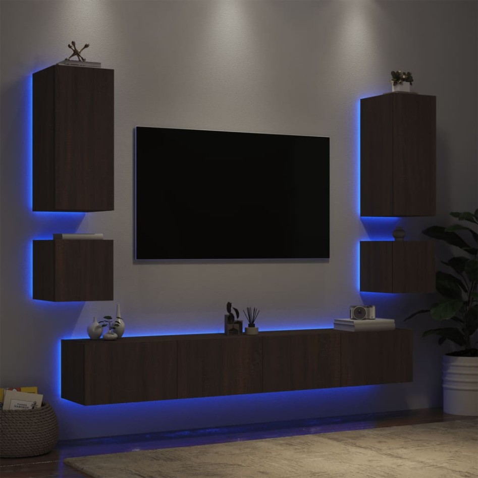 Muebles de TV de pared con luces LED 6 piezas marrón