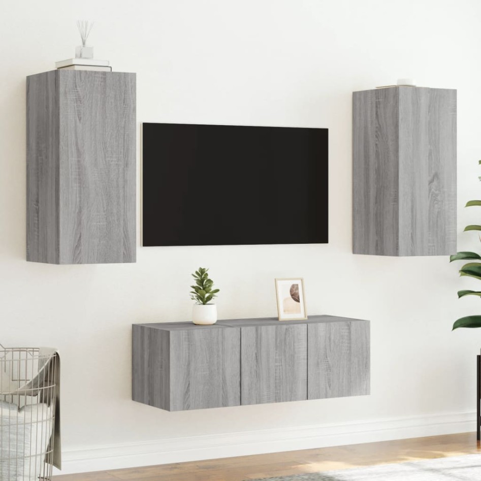 Muebles TV pared con LED 4 pzas madera ingeniería gris