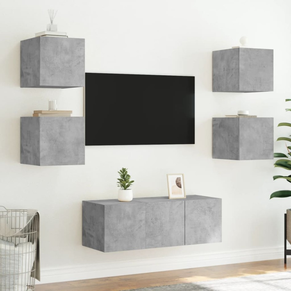 Muebles TV pared con LED 6 pzas madera ingeniería gris