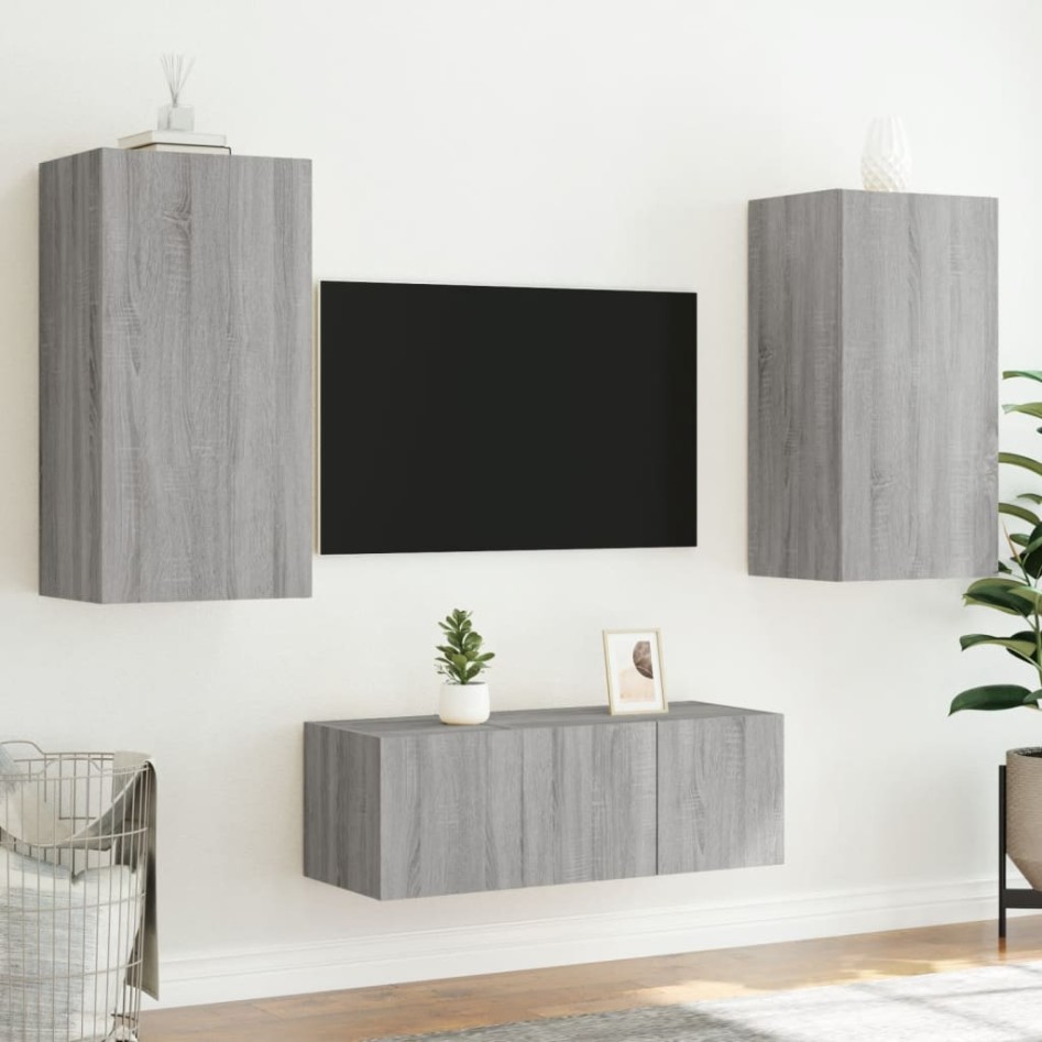 Muebles TV pared con LED 4 pzas madera ingeniería gris