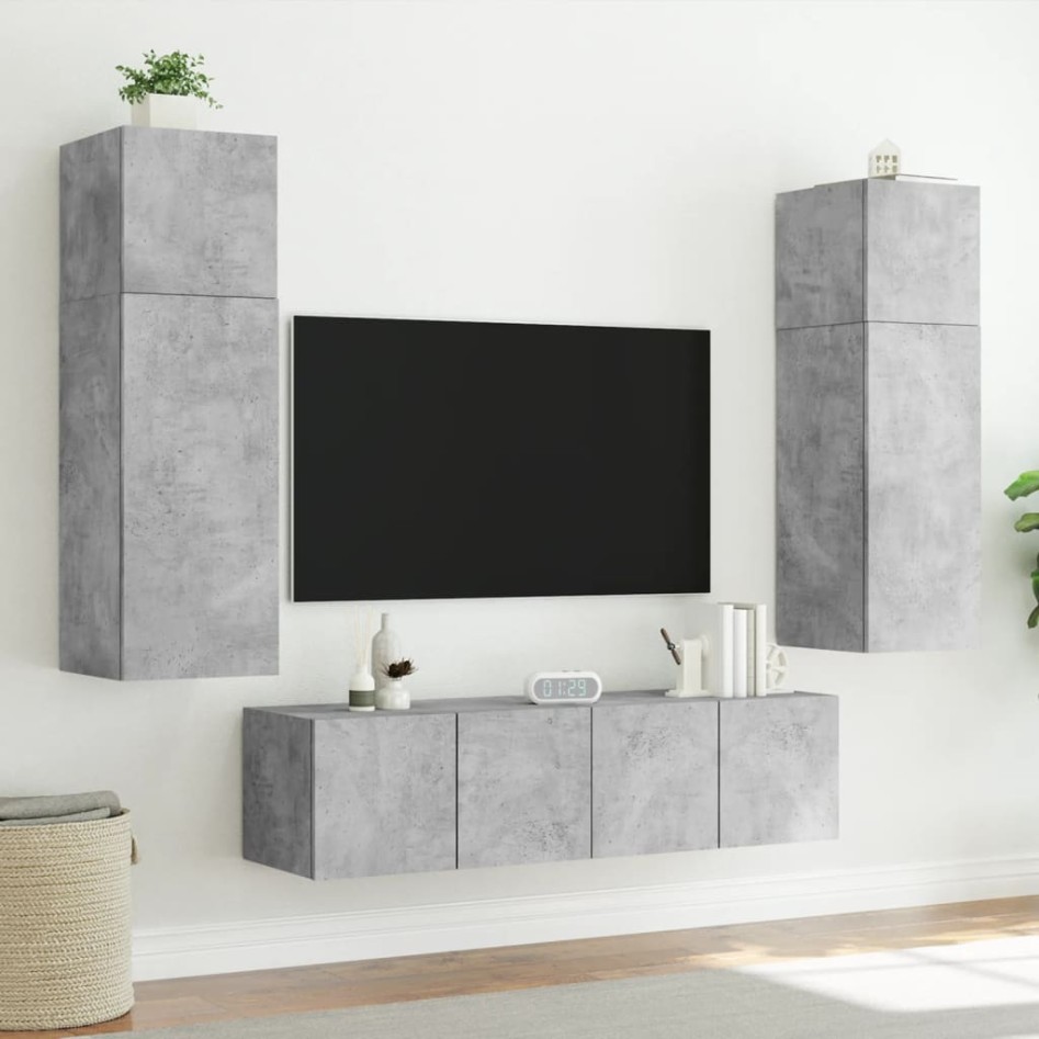 Muebles TV pared con LED 6 pzas madera ingeniería gris
