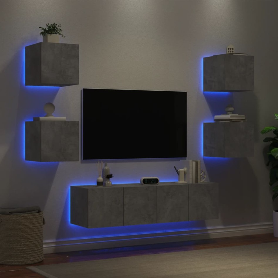 Muebles TV pared con LED 6 pzas madera ingeniería gris