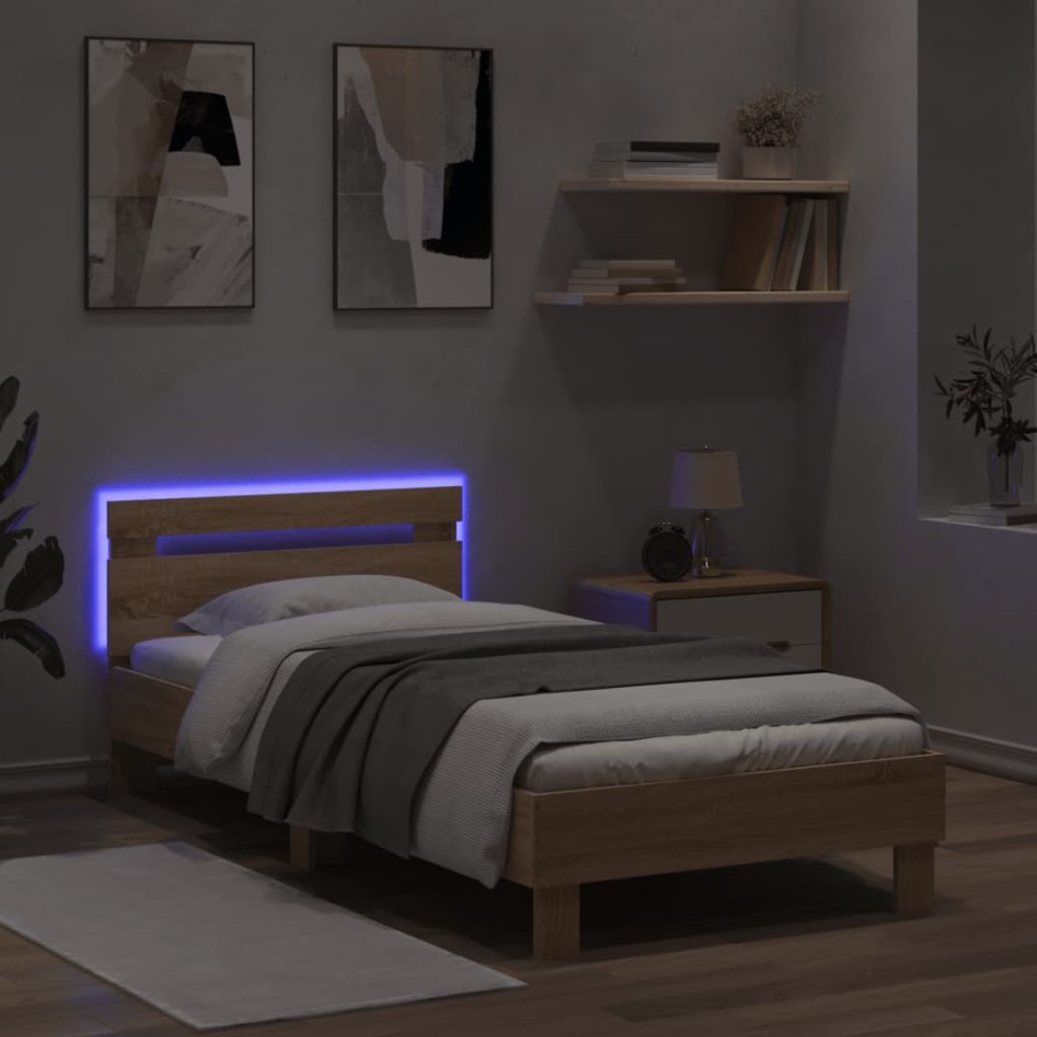 Estructura de cama cabecero luces LED roble Sonoma 90x200