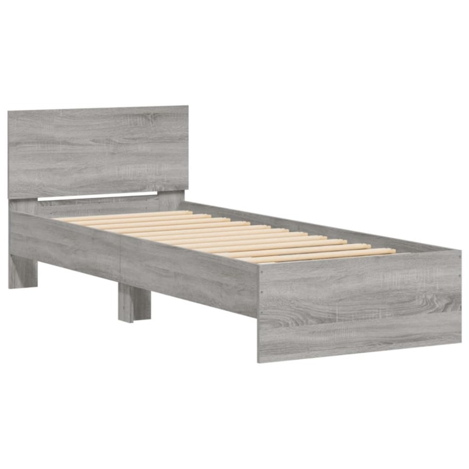 Estructura de cama cabecero luces LED gris Sonoma 90x200
