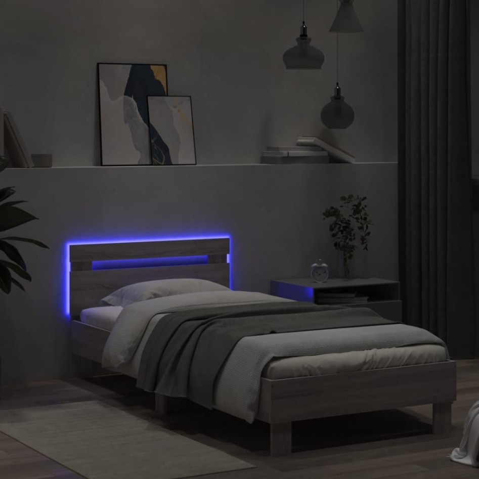 Estructura de cama cabecero luces LED gris Sonoma 90x190