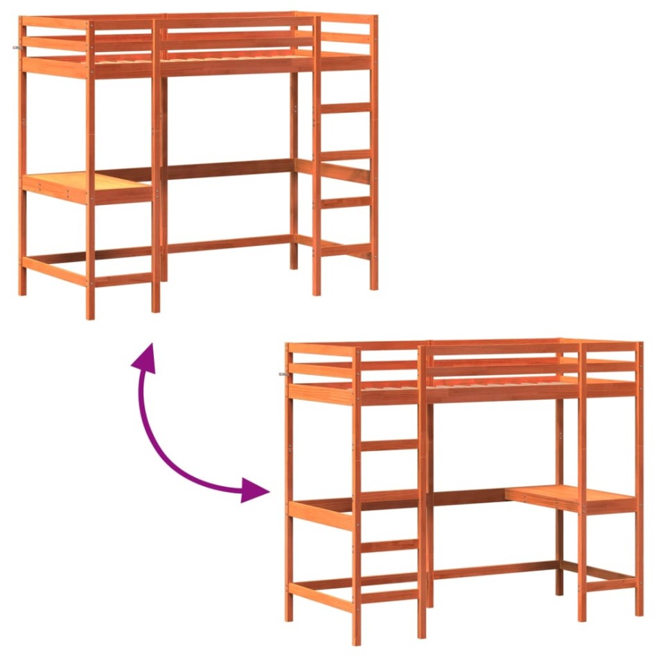 Cama alta con escritorio madera maciza pino marrón 90x200