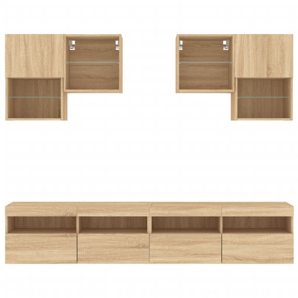 Muebles de TV de pared con luces LED 6 piezas roble