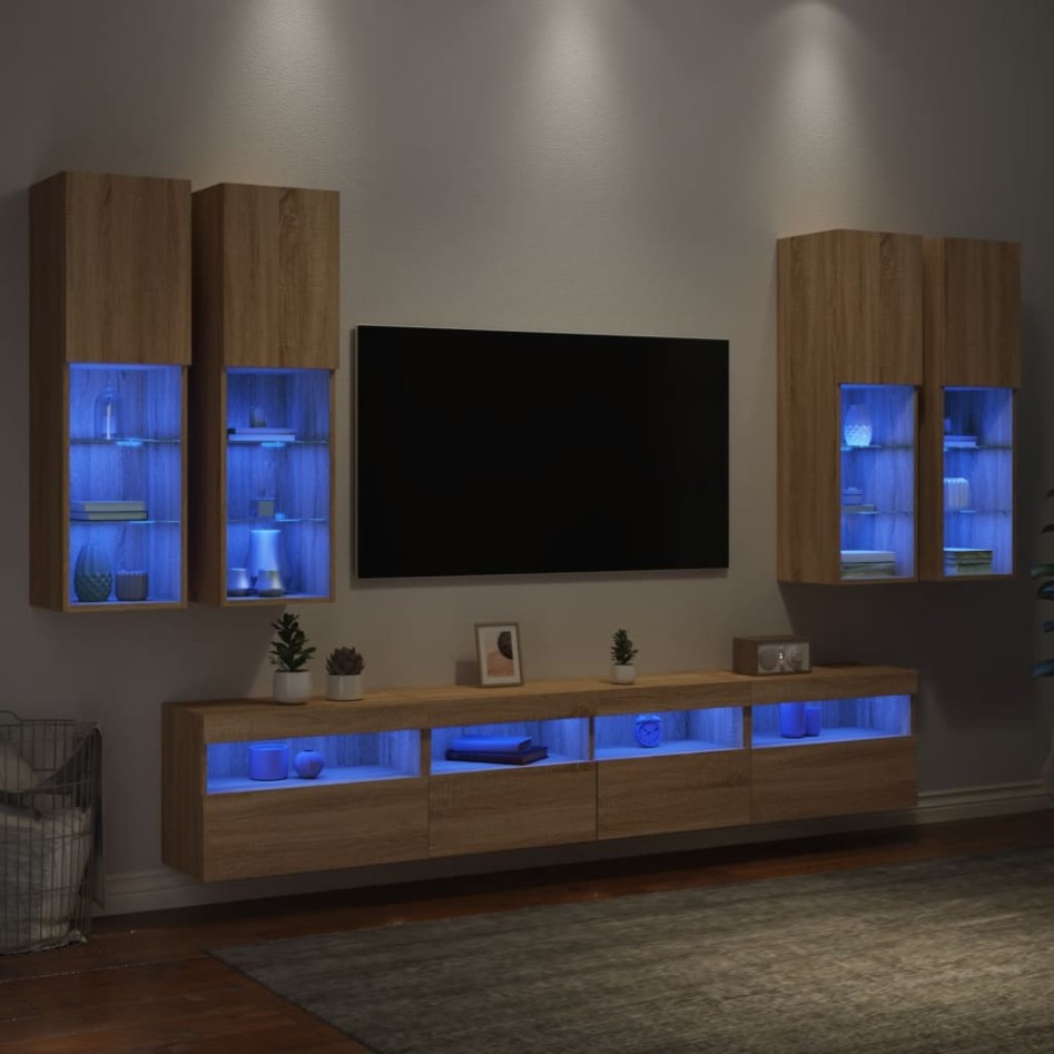 Muebles de TV de pared con luces LED 7 piezas roble