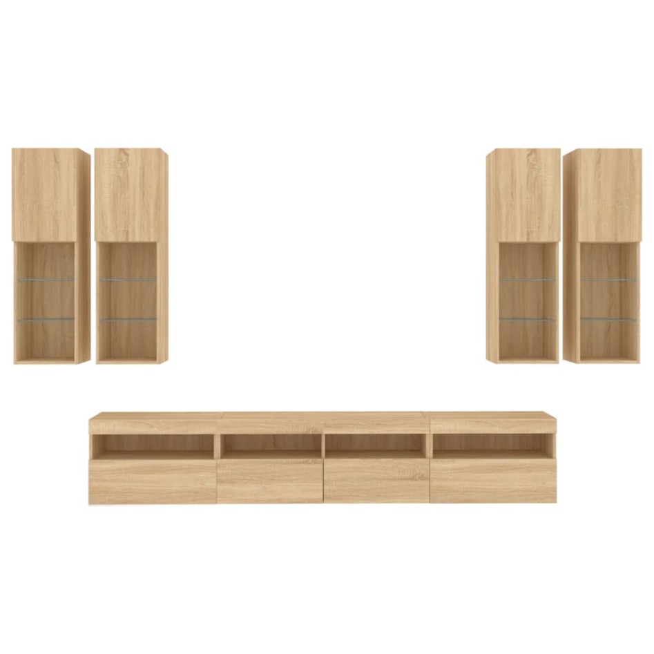 Muebles de TV de pared con luces LED 7 piezas roble