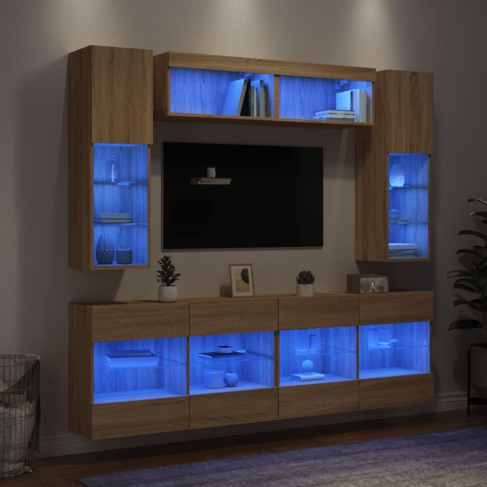 Muebles de TV de pared con luces LED 6 piezas roble