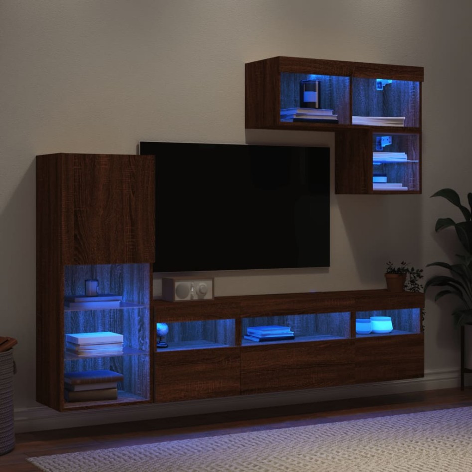 Muebles TV pared con LED 6 pzas madera ingeniería marrón