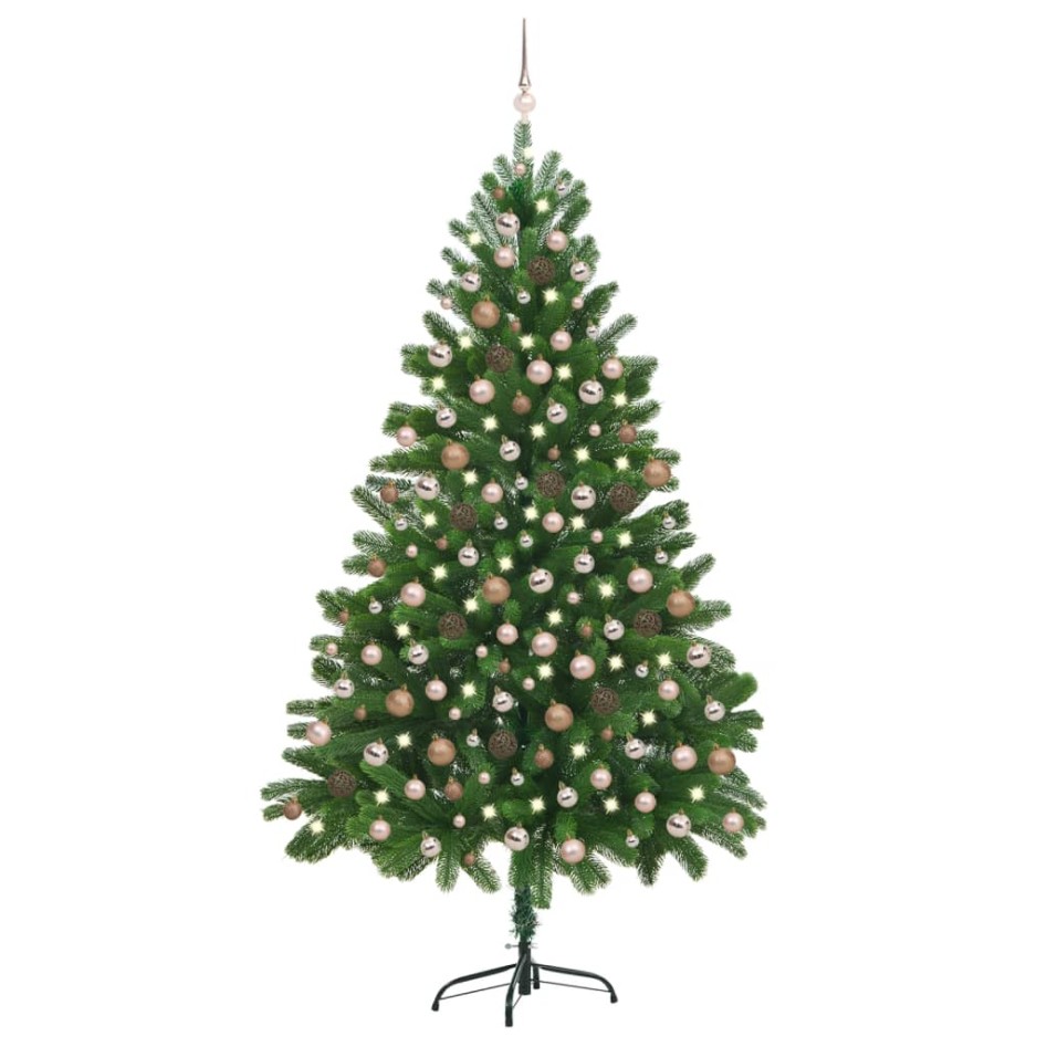 Árbol de Navidad preiluminado con luces y bolas verde 210