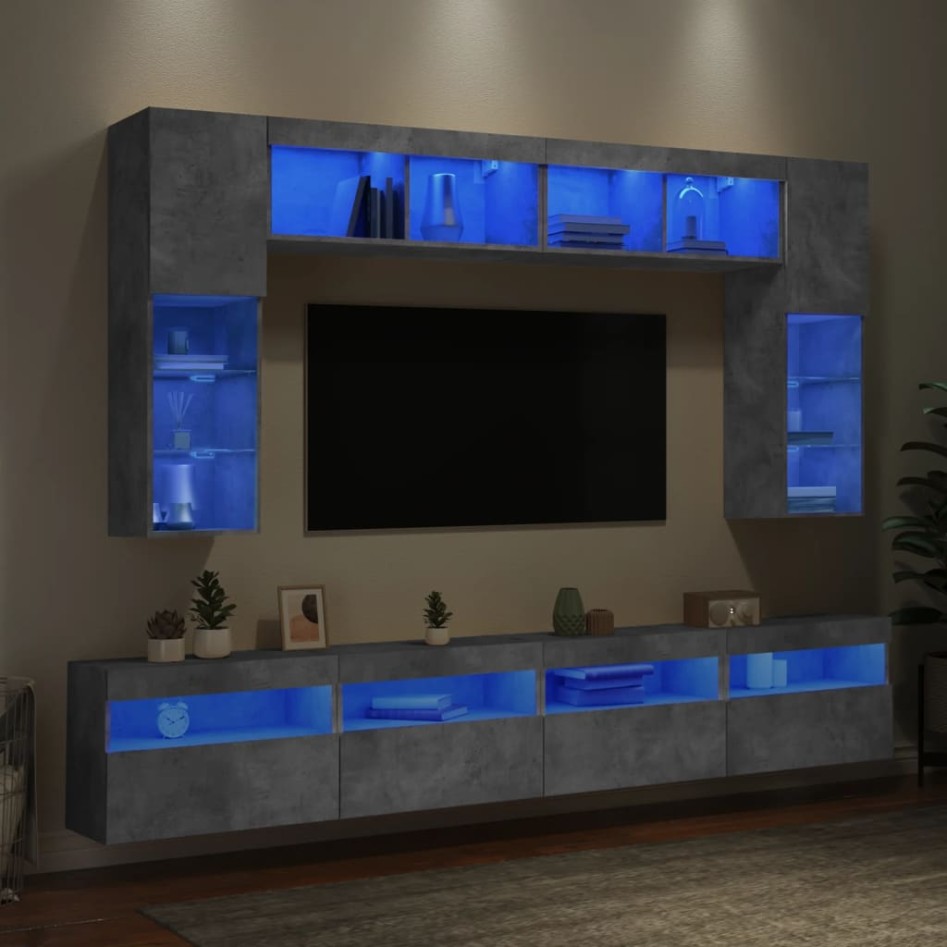 Muebles de TV de pared con luces LED 8 piezas gris