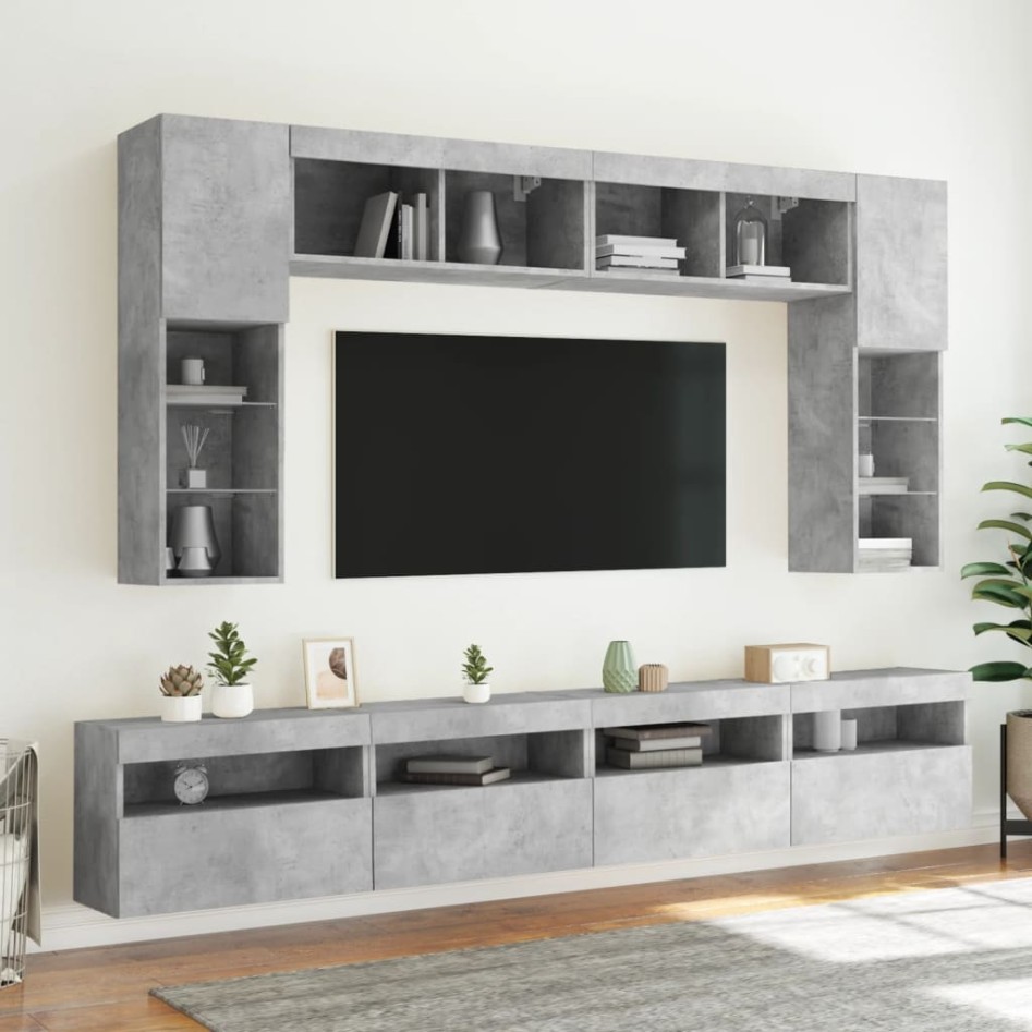 Muebles de TV de pared con luces LED 8 piezas gris