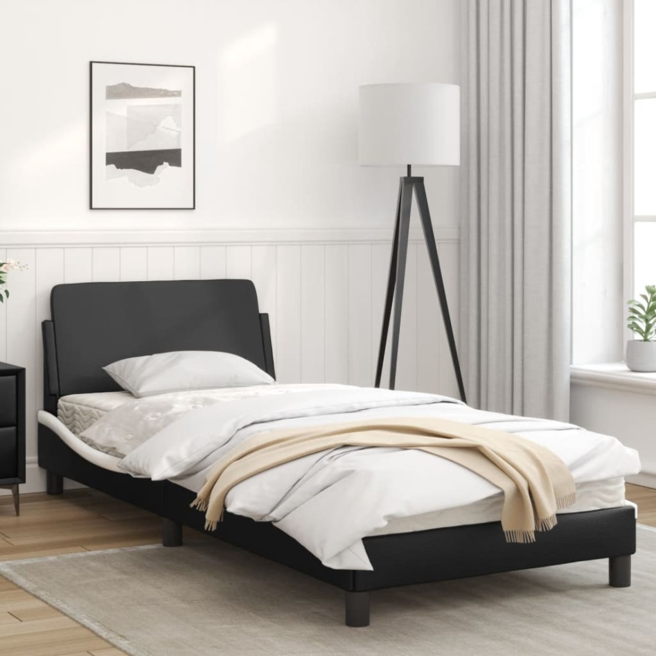 Estructura de cama con cabecero cuero sintético negro y