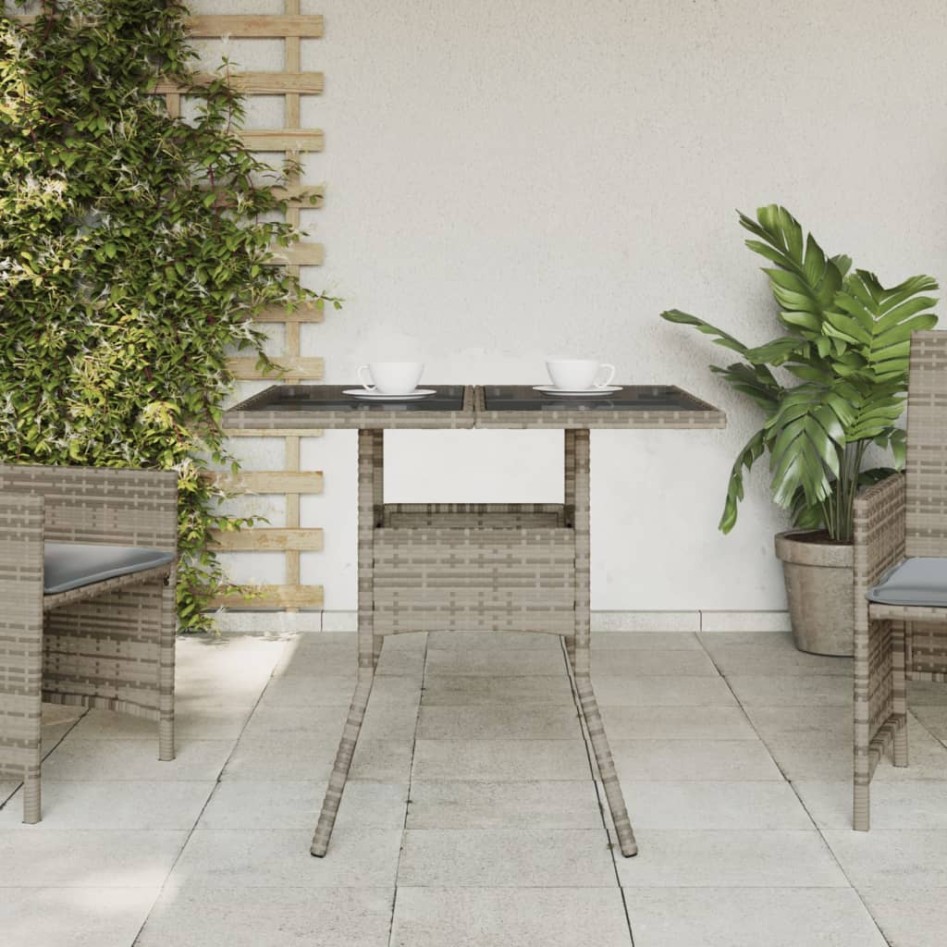 Mesa de jardín superficie de vidrio ratán PE gris 80x80x75