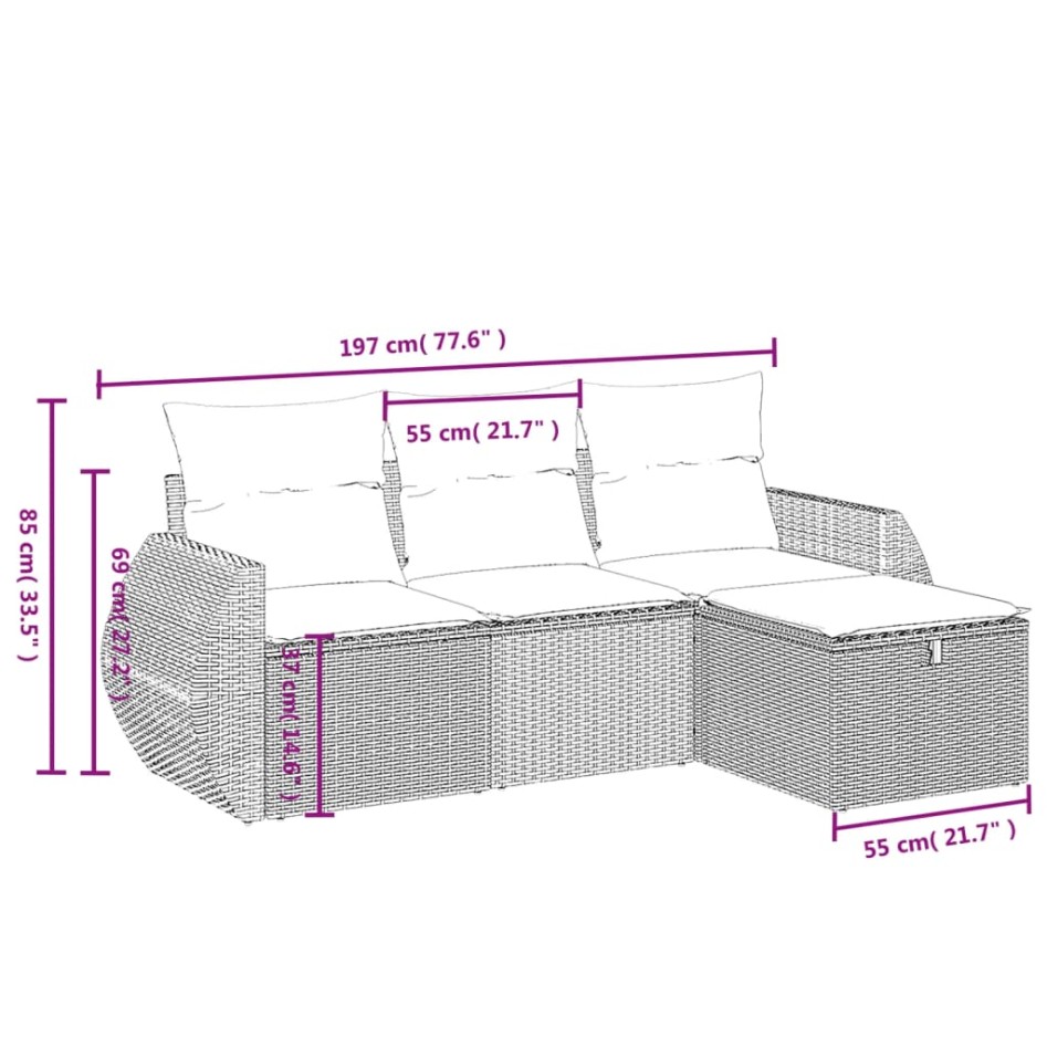 Set de sofás de jardín 4 pzas y cojines ratán sintético