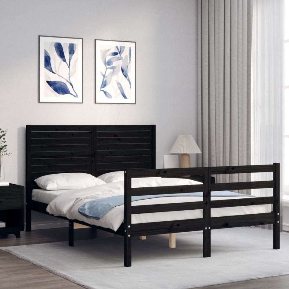 Estructura de cama con cabecero madera maciza negro 120x200