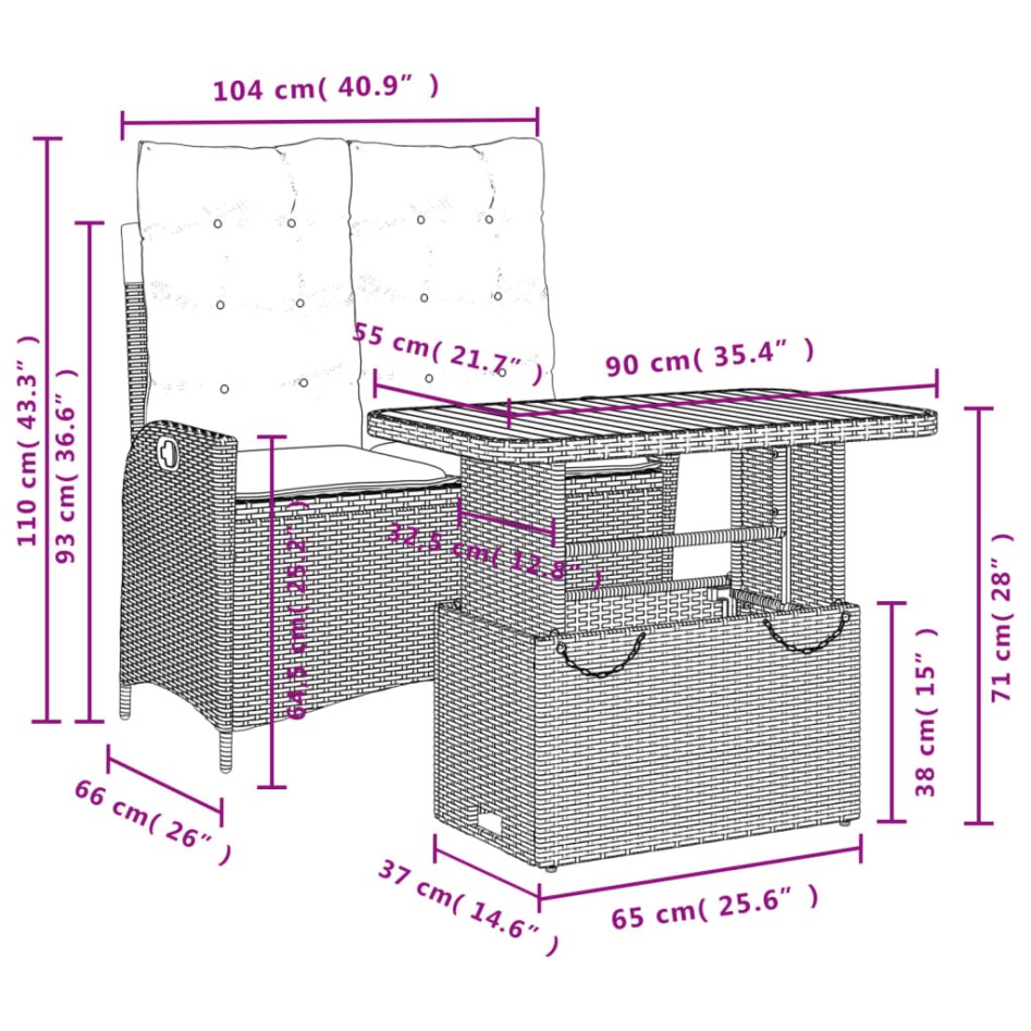 Set comedor de jardín 2 pzas con cojines ratán sintético