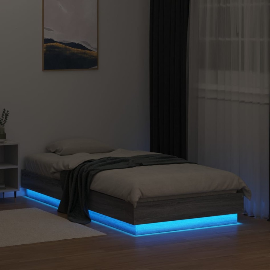 Estructura de cama con luces LED gris Sonoma 90x190