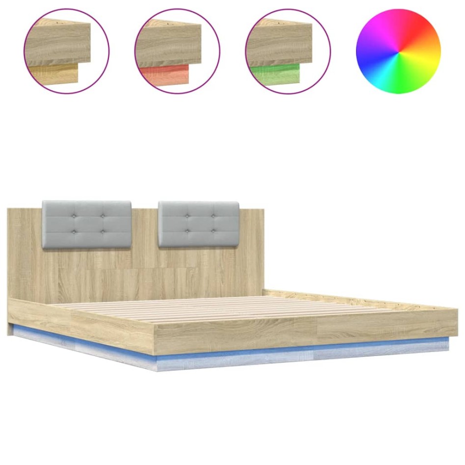 Estructura de cama cabecero luces LED roble Sonoma 200x200