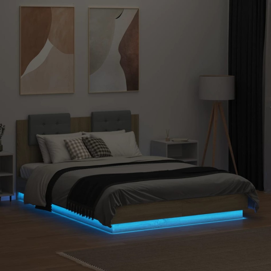 Estructura de cama cabecero luces LED roble Sonoma 140x190