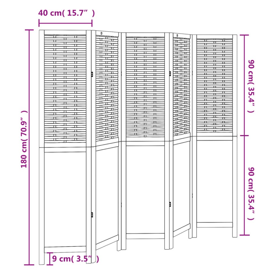 Biombo separador de 5 paneles madera paulownia marrón
