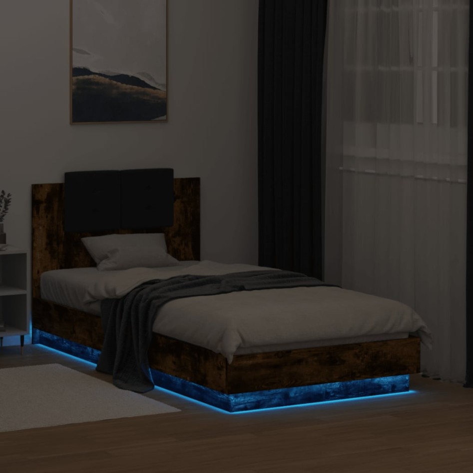 Estructura de cama cabecero luces LED roble ahumado 90x190