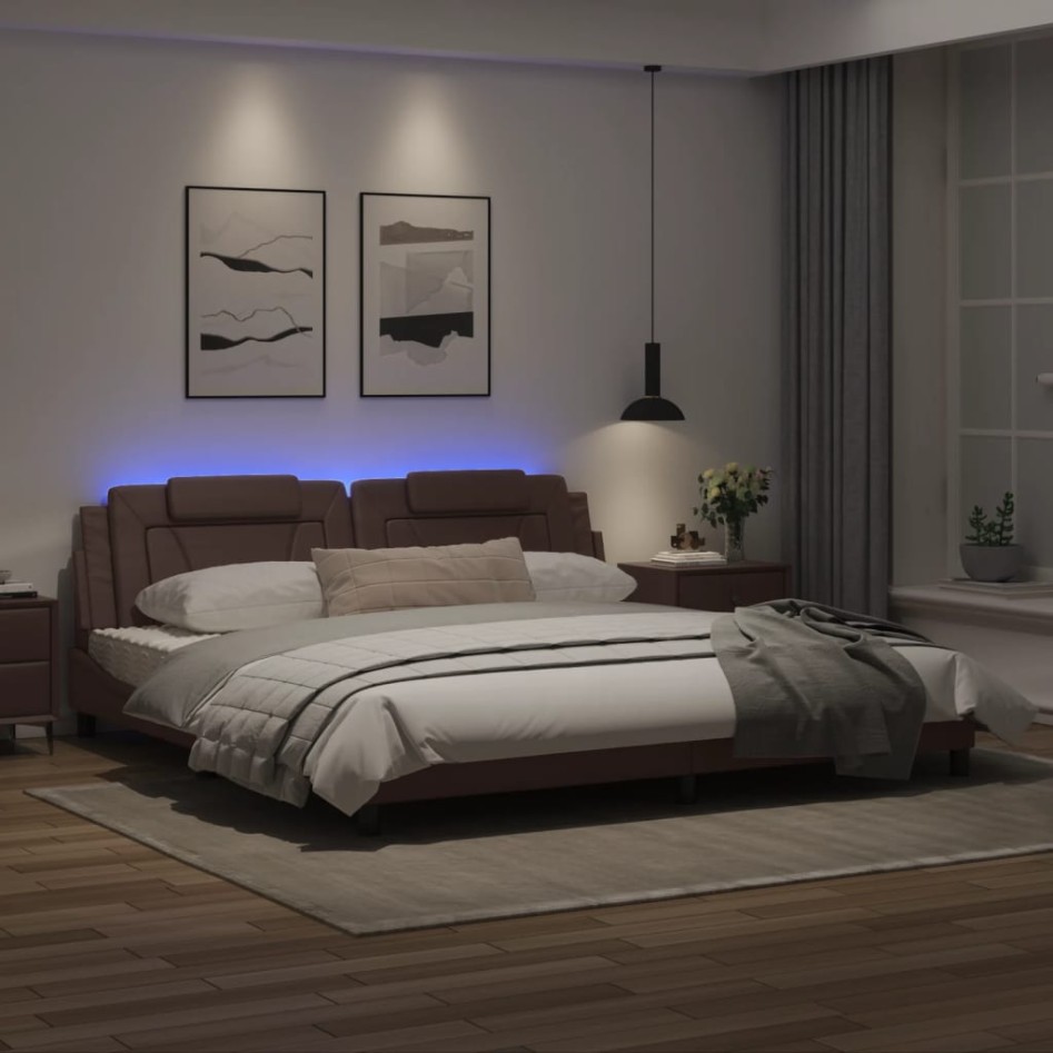 Estructura cama con luces LED cuero sintético marrón 200x200