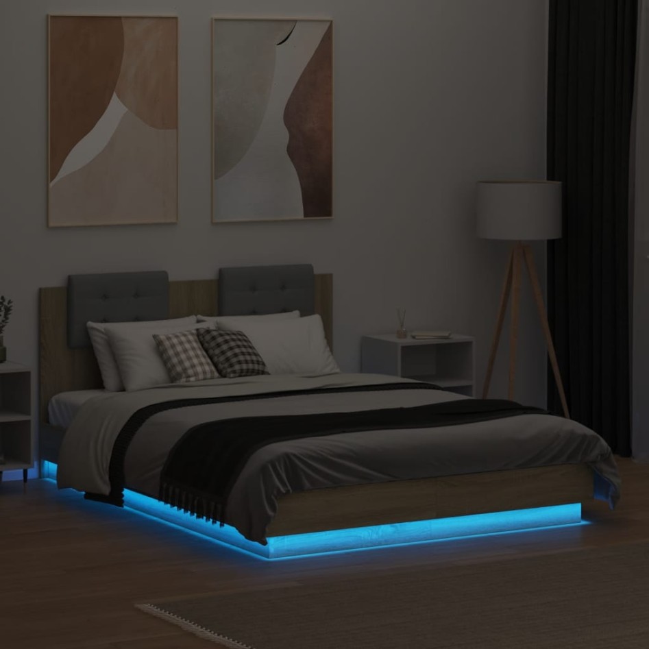 Estructura cama con cabecero luces LED roble Sonoma 120x190