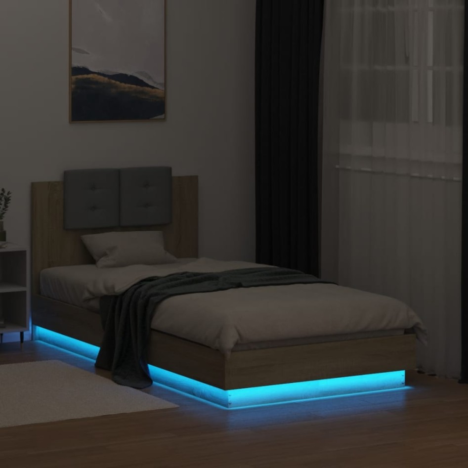 Estructura de cama cabecero luces LED roble Sonoma 75x190