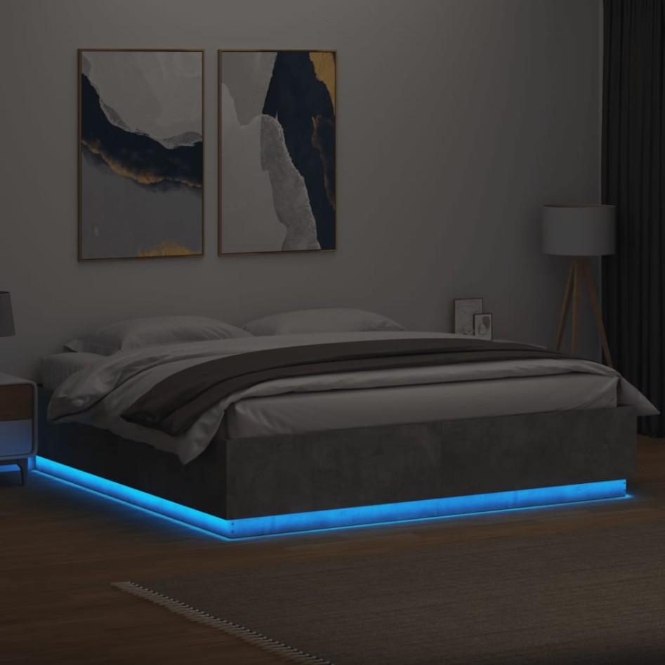Estructura cama con luces LED madera gris hormigón 200x200