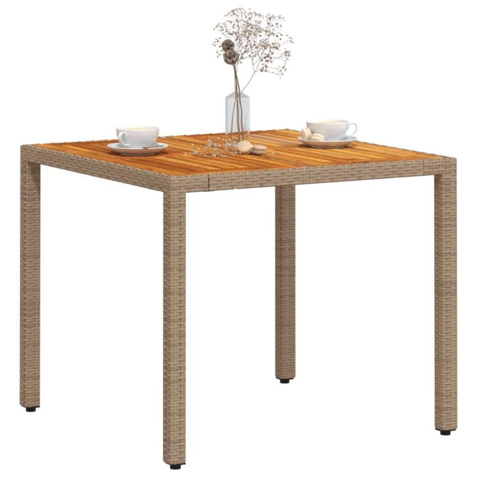 Mesa de jardín de ratán PE y madera acacia beige 90x90x75
