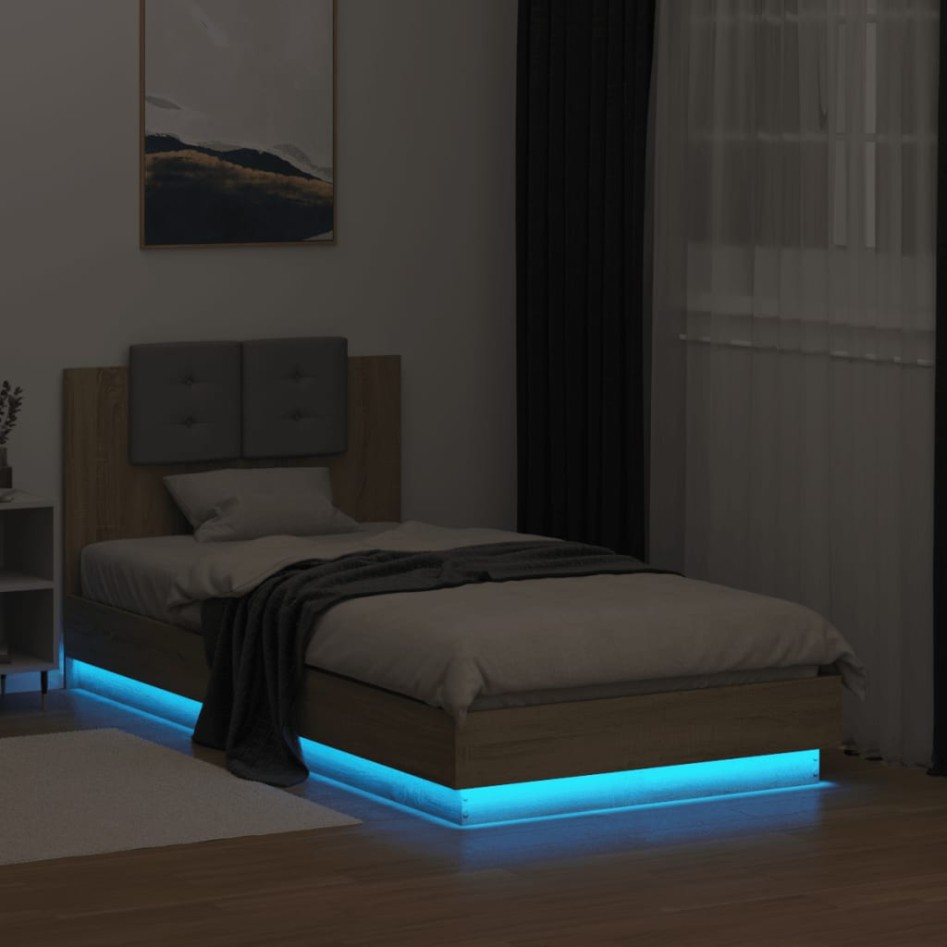 Estructura de cama cabecero luces LED roble Sonoma 90x190