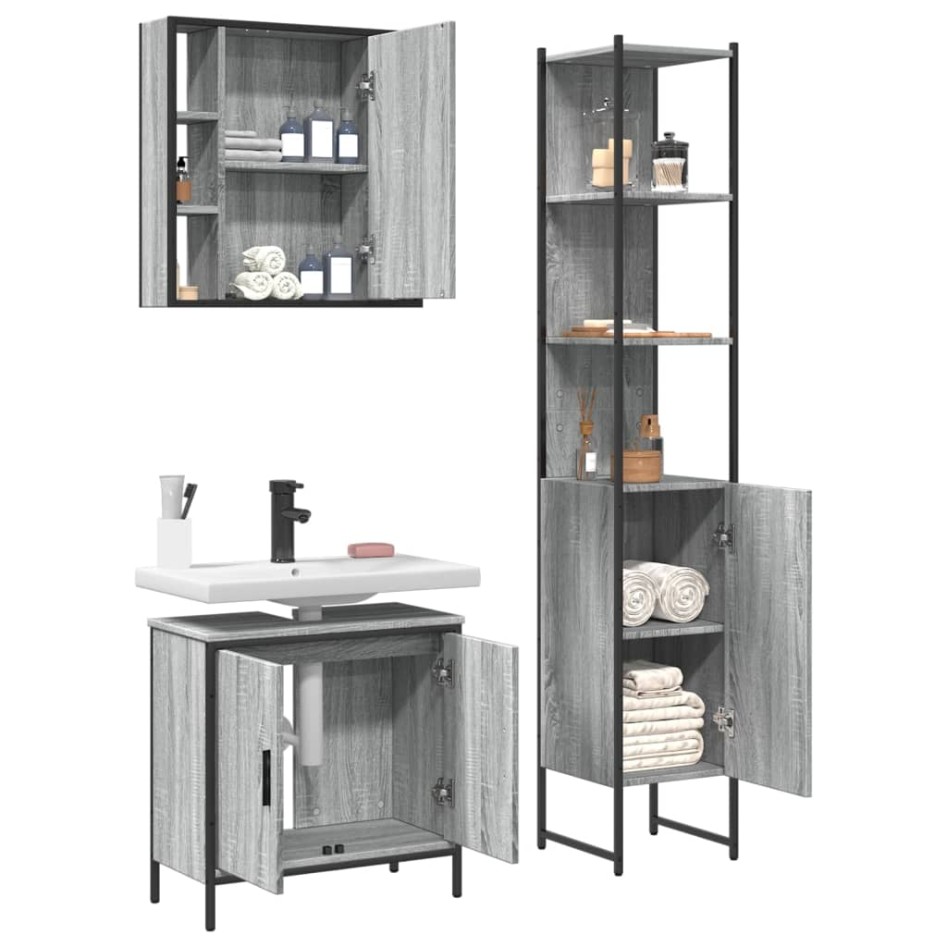 Set de muebles de baño 3 pzas madera contrachapada gris