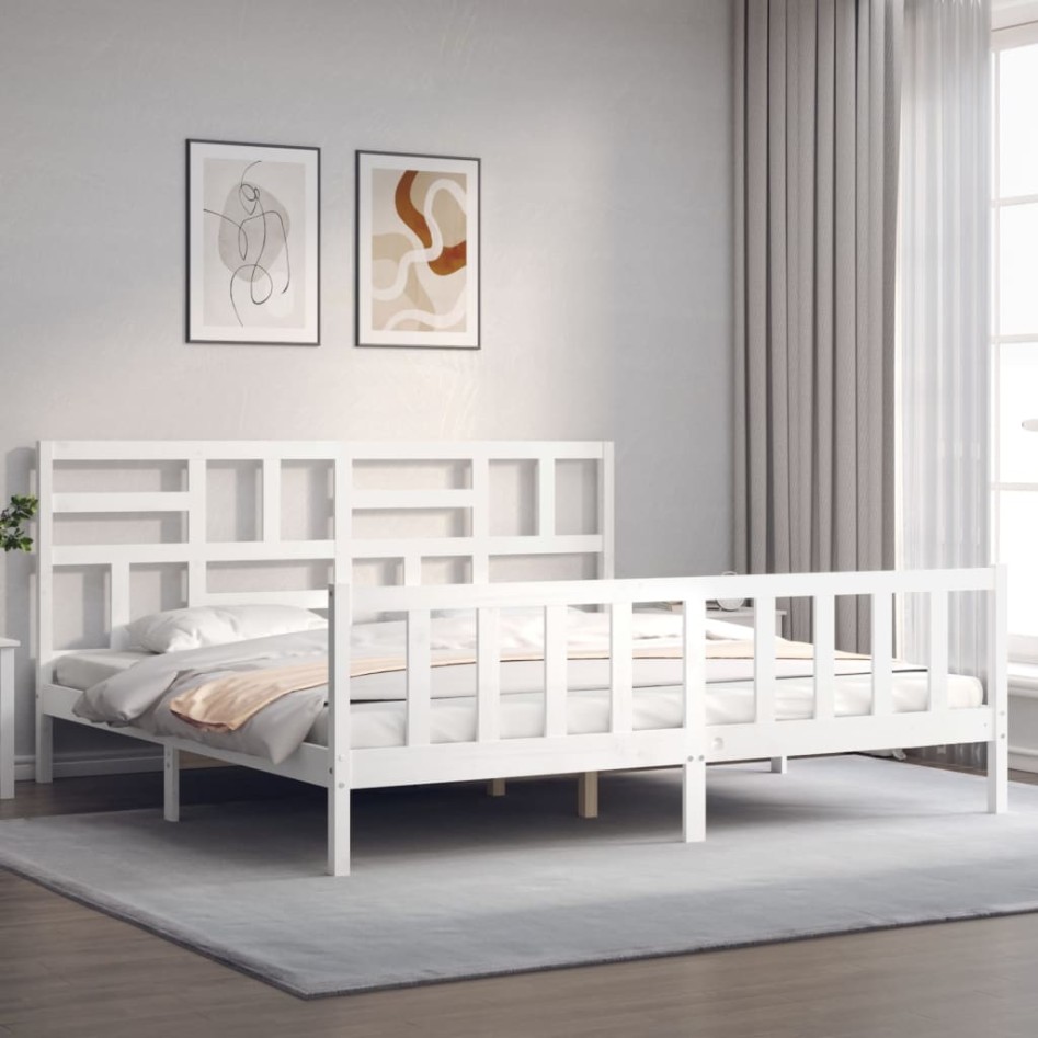 Estructura de cama con cabecero madera maciza blanco 200x200