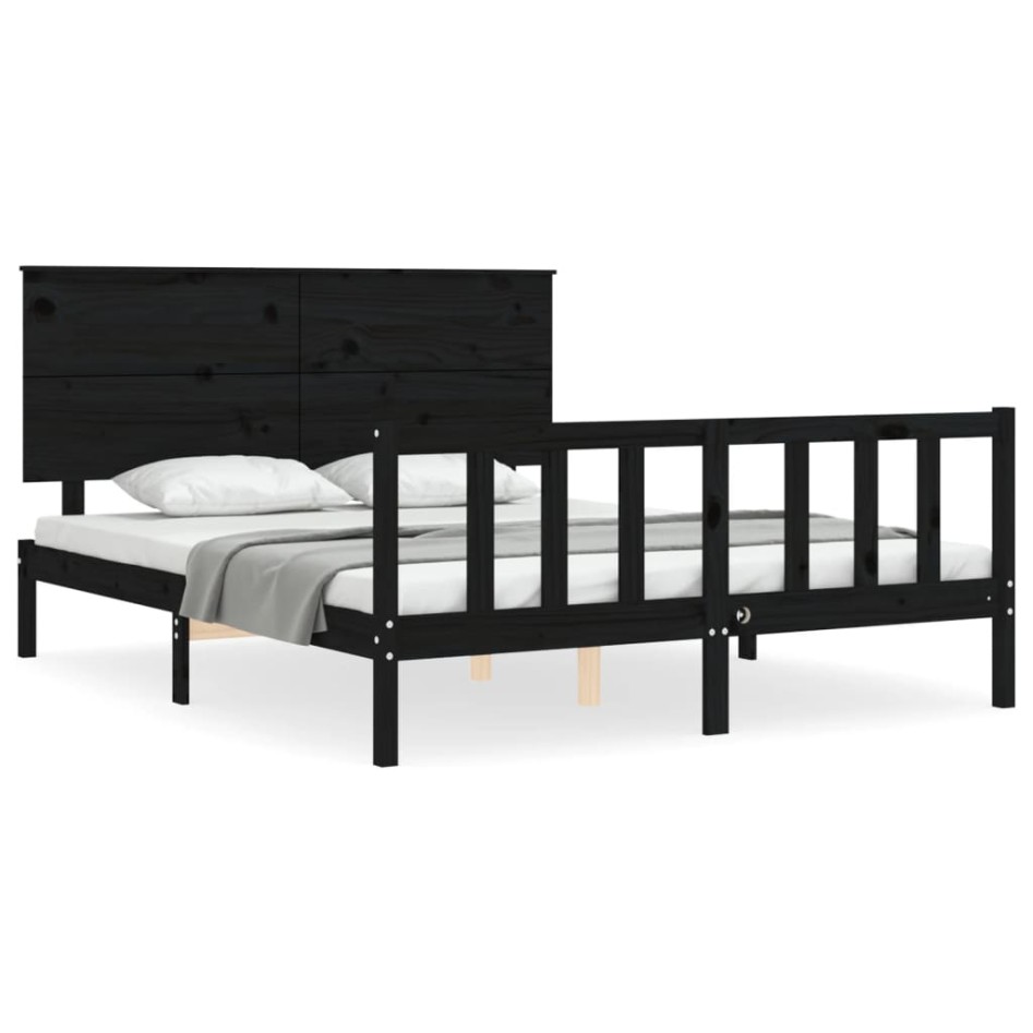 Estructura de cama con cabecero madera maciza negro 160x200