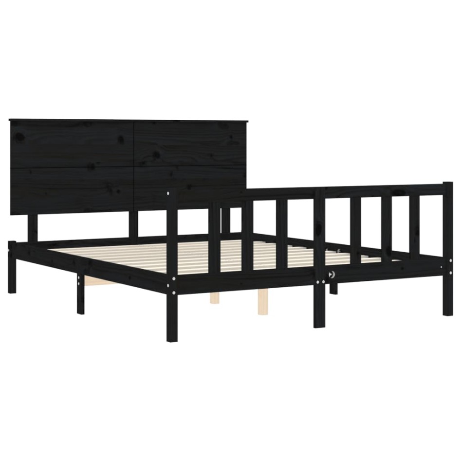 Estructura de cama con cabecero madera maciza negro 160x200