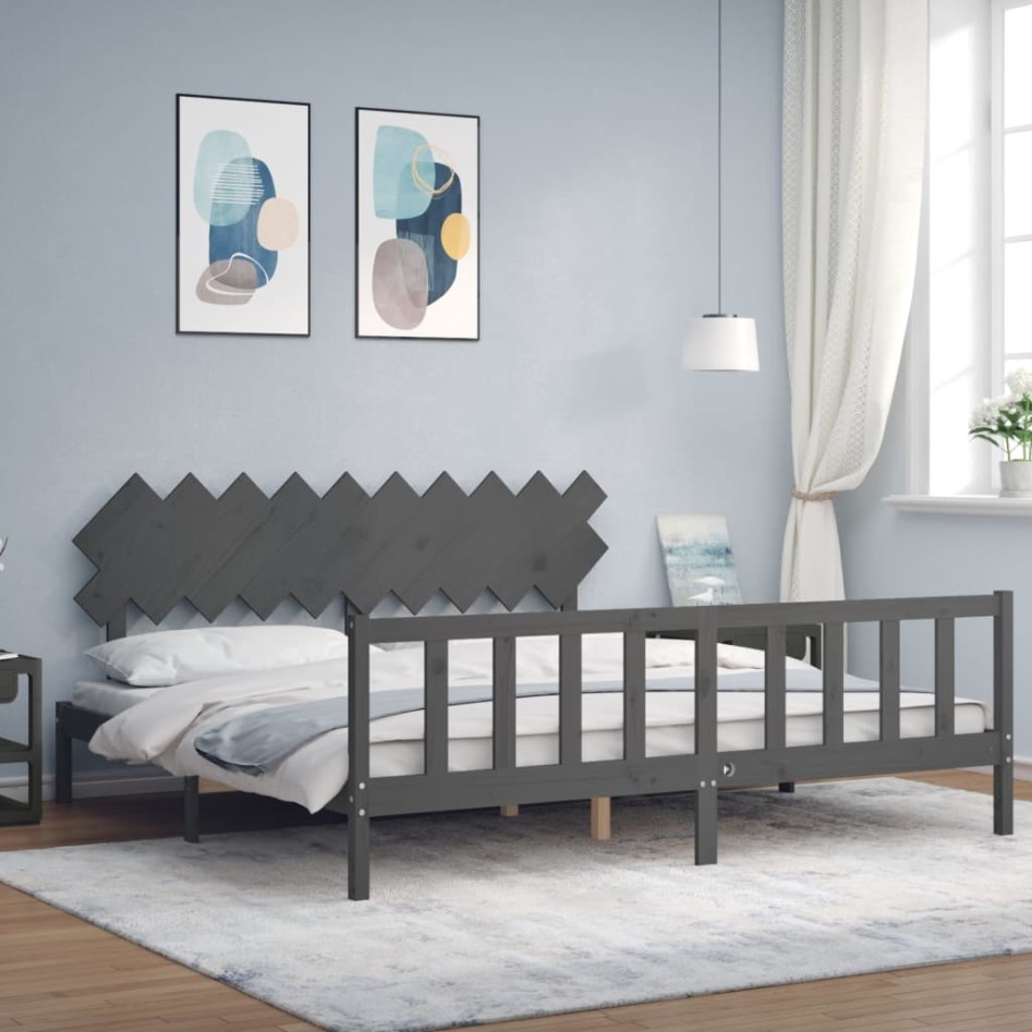 Estructura de cama con cabecero madera maciza gris 200x200