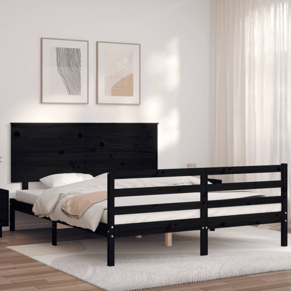 Estructura de cama con cabecero madera maciza negro 160x200