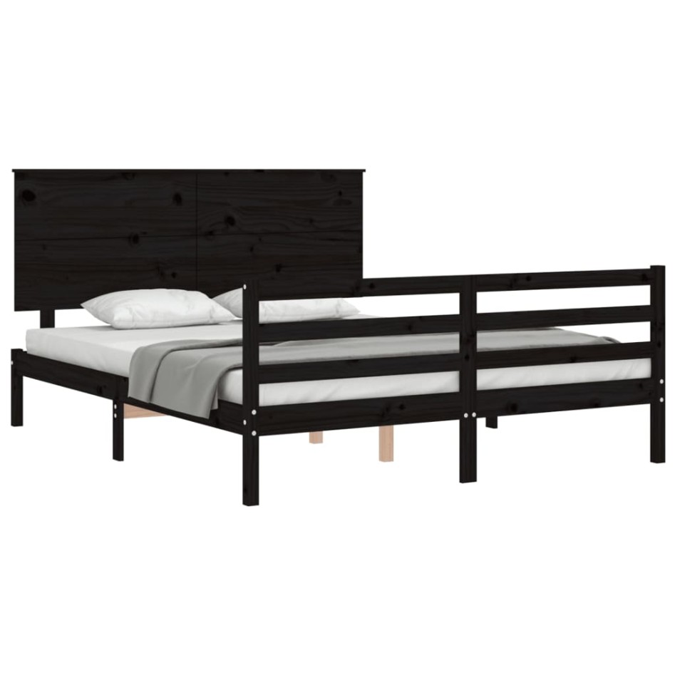 Estructura de cama con cabecero madera maciza negro 160x200
