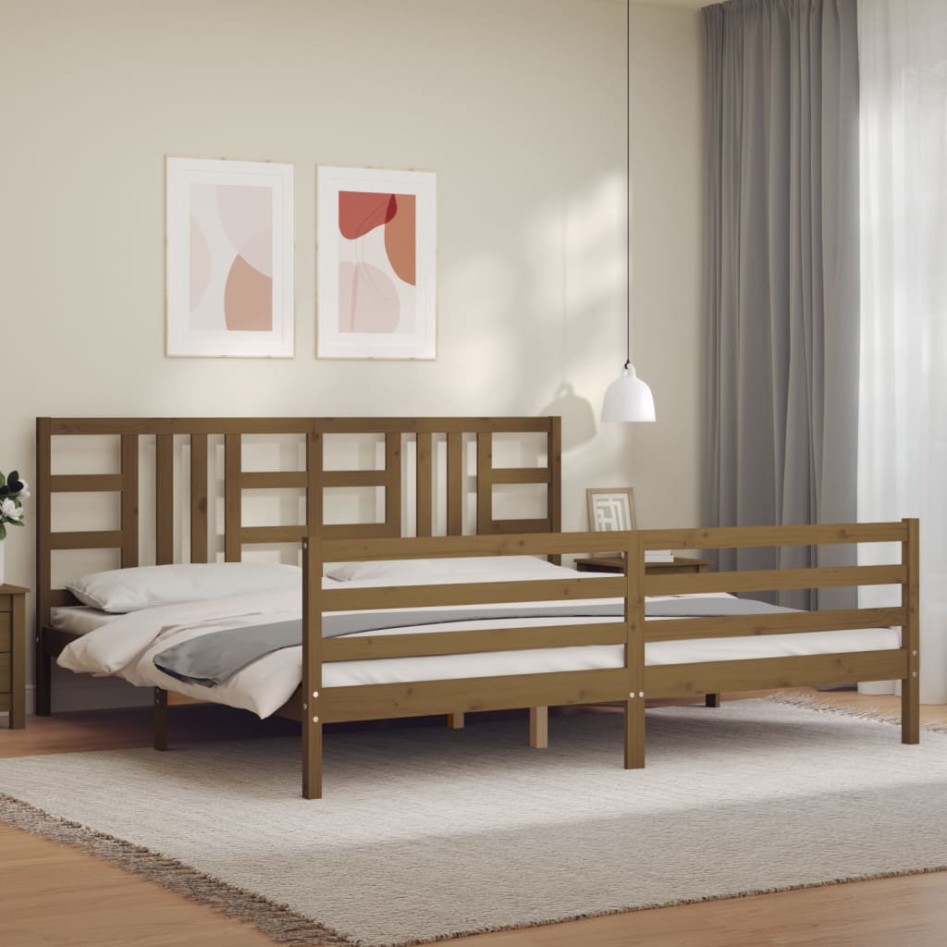 Estructura cama y cabecero madera maciza marrón miel 200x200