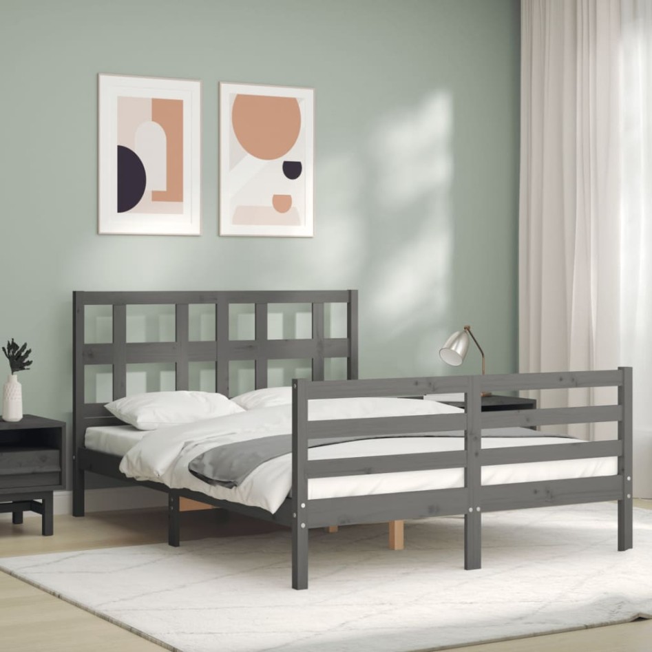Estructura de cama con cabecero madera maciza gris 140x190