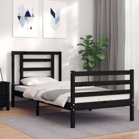 Estructura de cama con cabecero madera maciza negro 90x200