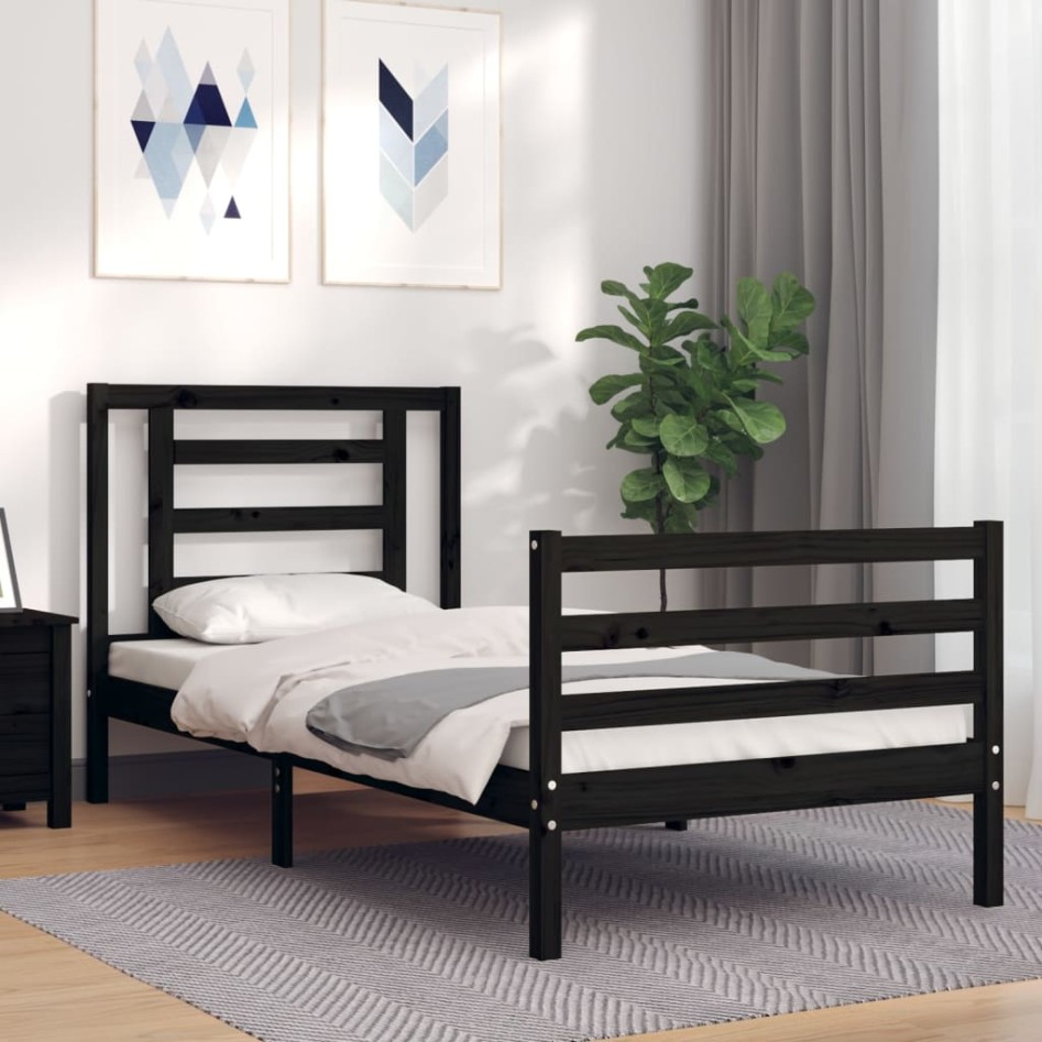 Estructura de cama con cabecero madera maciza negro 90x200