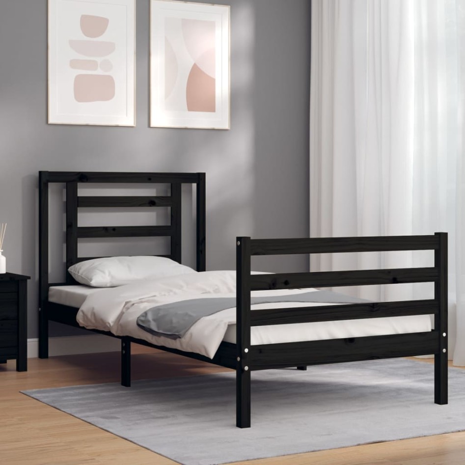 Estructura de cama con cabecero madera maciza negro 90x200