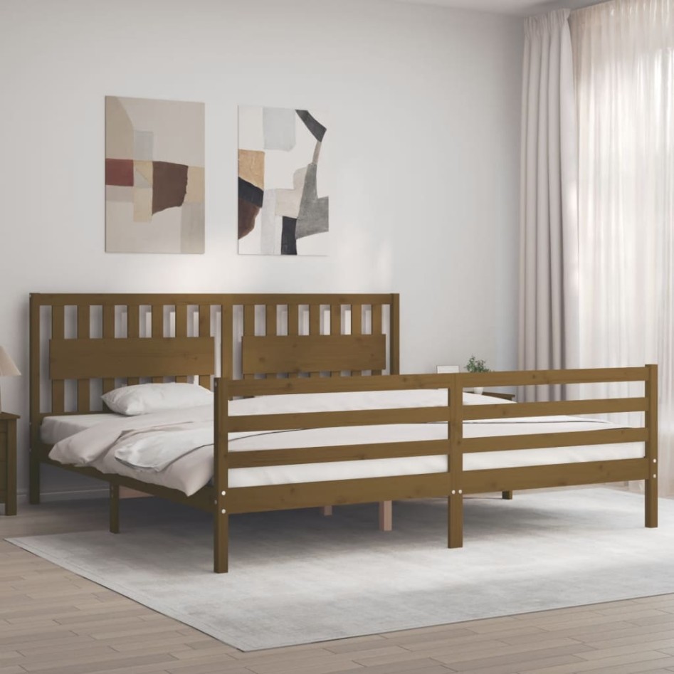 Estructura cama y cabecero madera maciza marrón miel 200x200