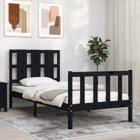 Estructura de cama con cabecero madera maciza negro 100x200
